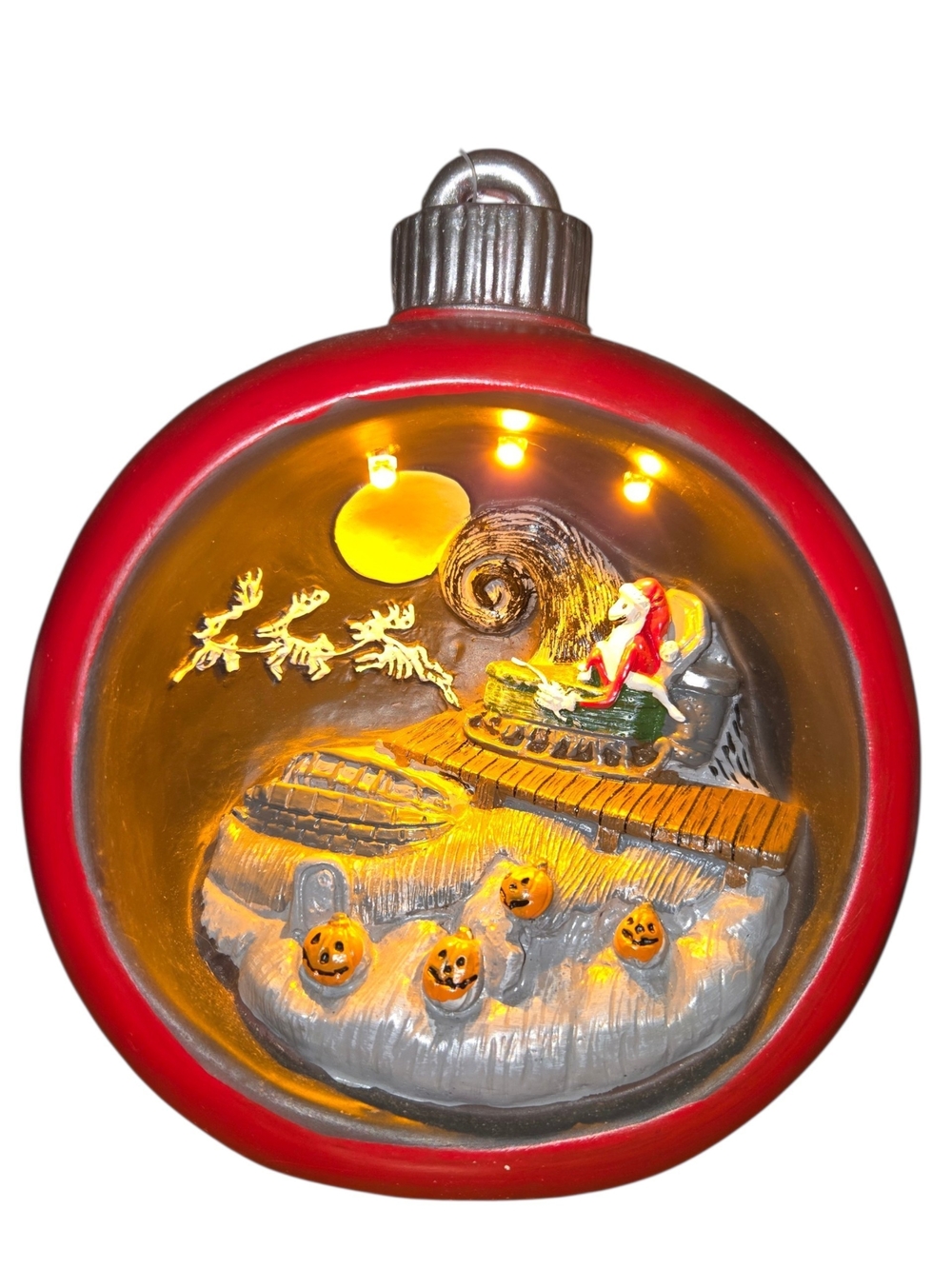 Holiday Light-Up Ornament with Red Frame featuring Santa and Jack-O'-Lanterns